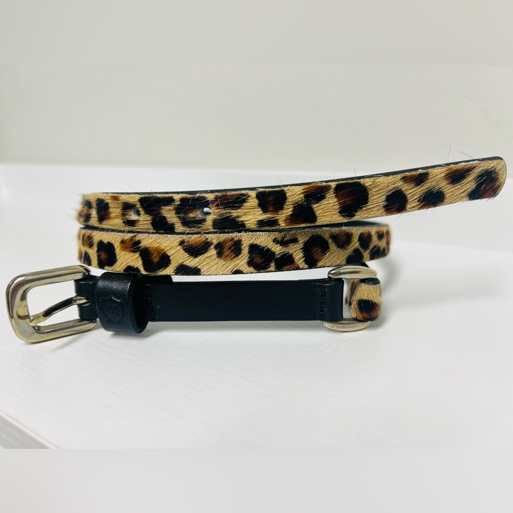 Massimo Dutti Leather Leopard Print Belt with Light Gold Tone Buckle Sz Med 85cm